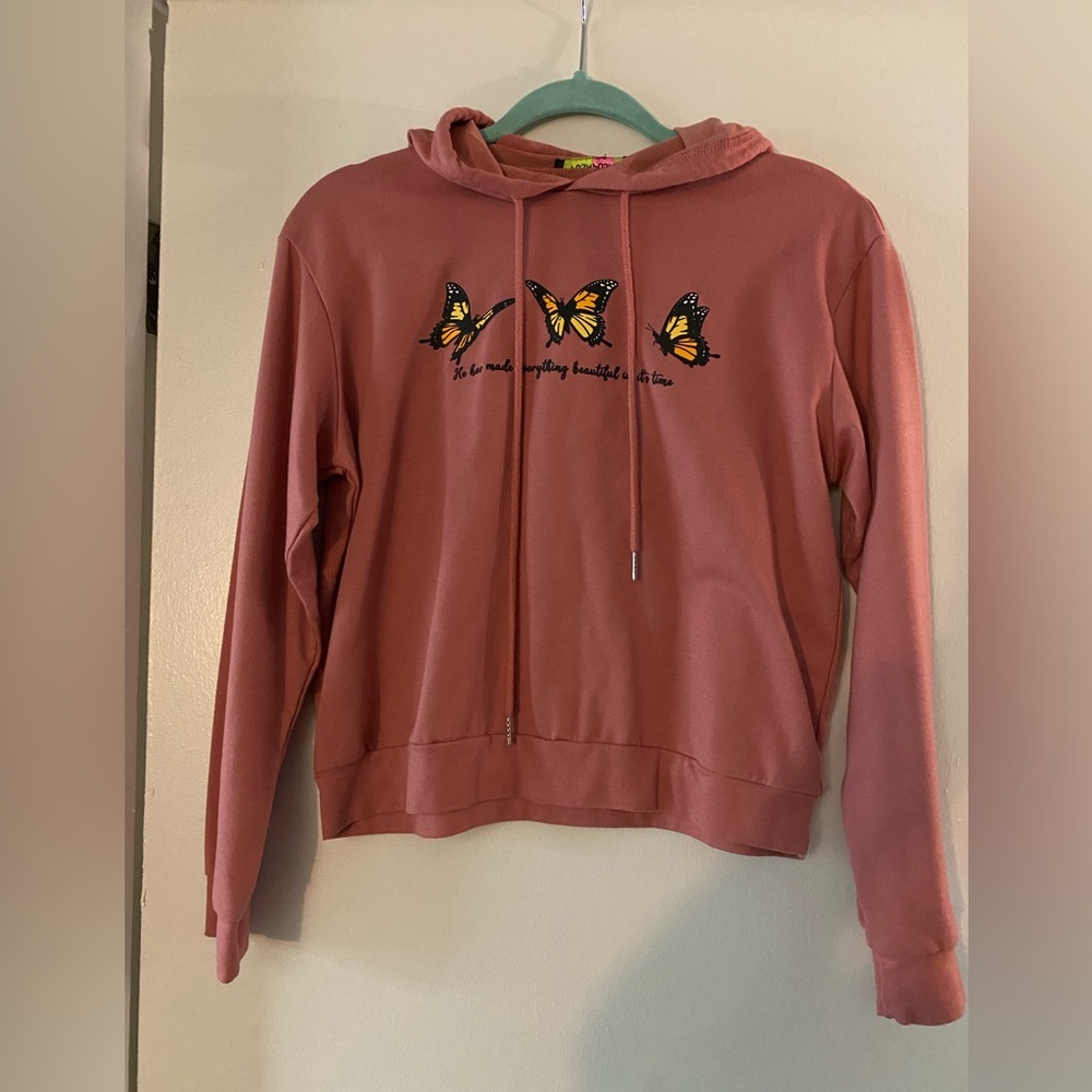 Posh Posh Coral Pink Crop Top Hoodie with Butterfly Images